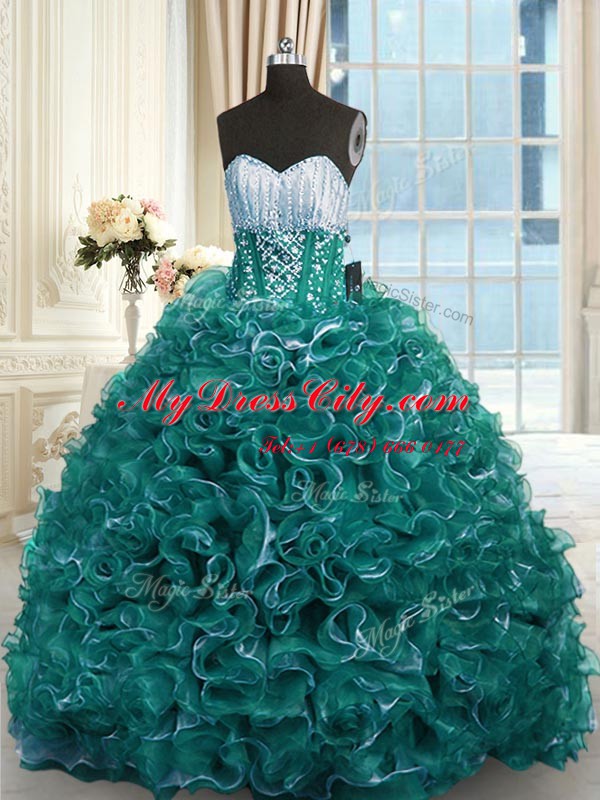 Organza Sweetheart Sleeveless Brush Train Lace Up Beading and Ruffles Quinceanera Gown in Turquoise