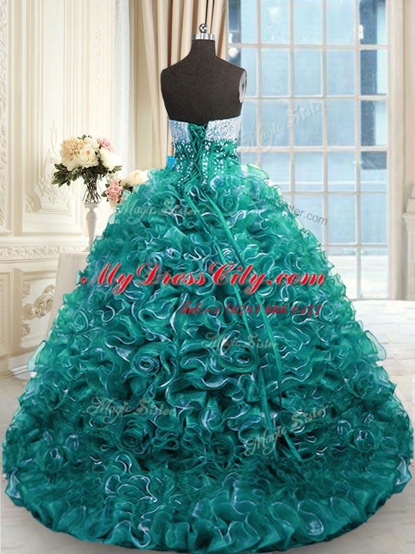 Organza Sweetheart Sleeveless Brush Train Lace Up Beading and Ruffles Quinceanera Gown in Turquoise