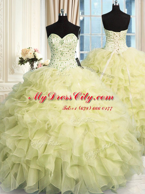 Sweetheart Sleeveless Sweet 16 Dress Floor Length Beading and Ruffles Yellow Organza