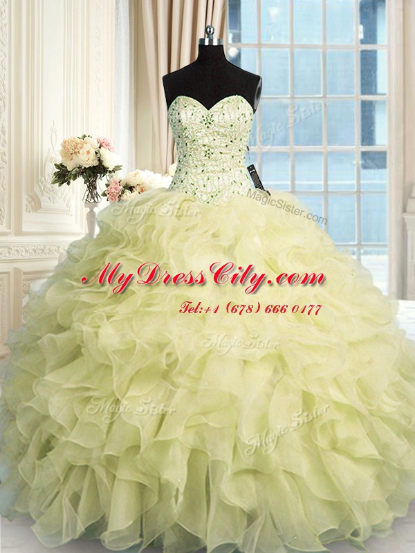 Sweetheart Sleeveless Sweet 16 Dress Floor Length Beading and Ruffles Yellow Organza