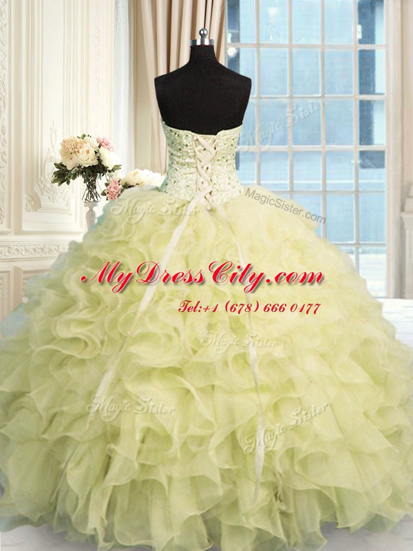 Sweetheart Sleeveless Sweet 16 Dress Floor Length Beading and Ruffles Yellow Organza