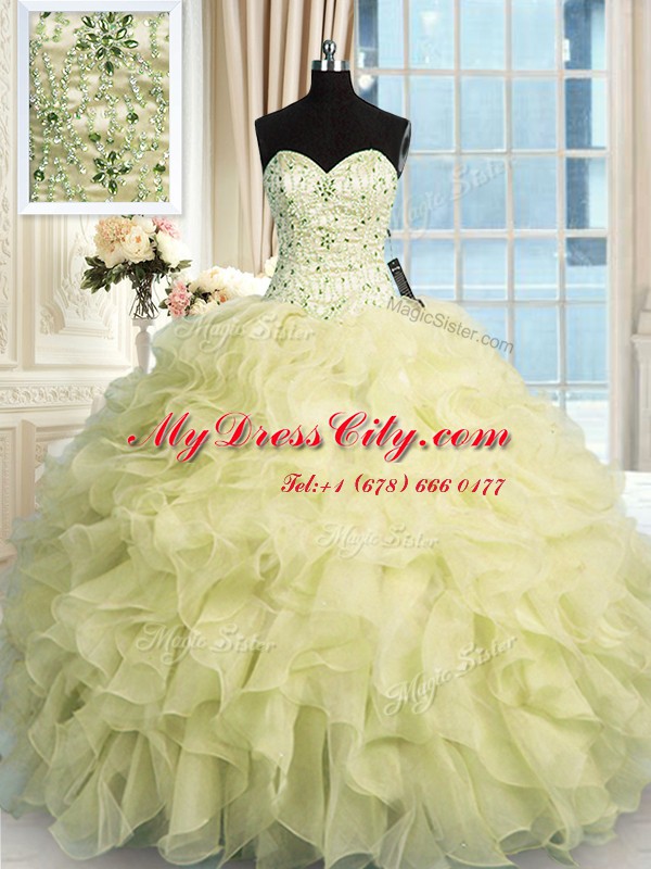 Sweetheart Sleeveless Sweet 16 Dress Floor Length Beading and Ruffles Yellow Organza