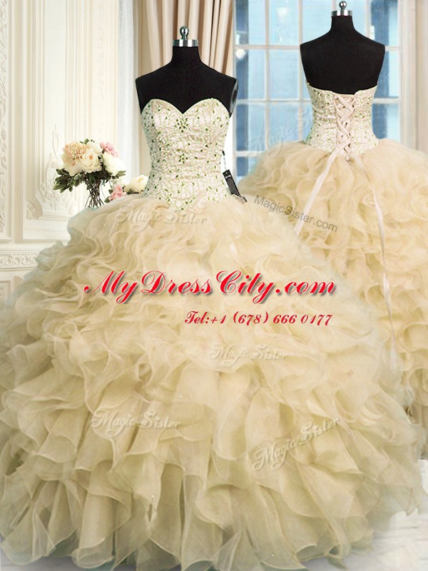 Beautiful Sweetheart Sleeveless Sweet 16 Dress Floor Length Beading and Ruffles Champagne Organza