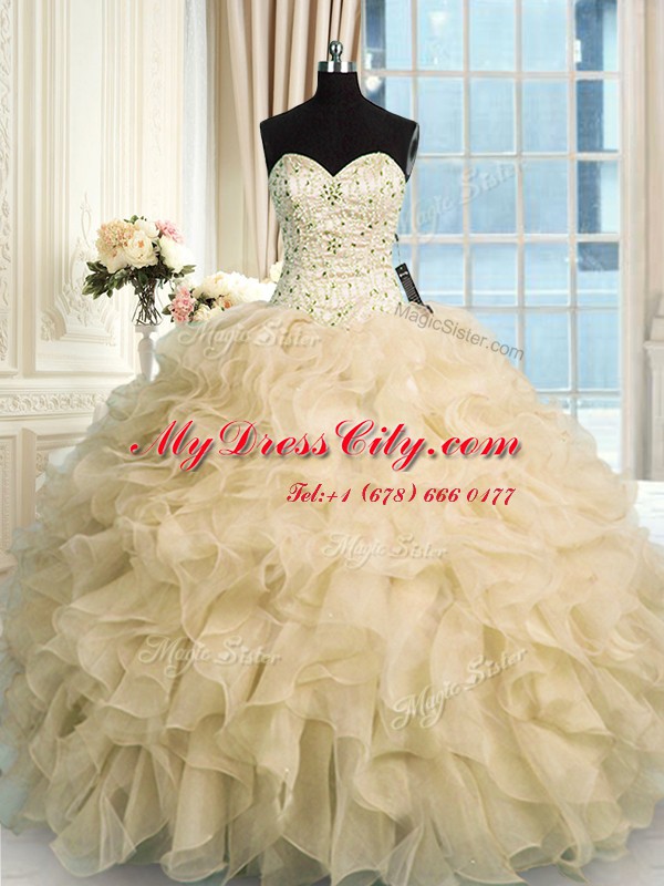 Beautiful Sweetheart Sleeveless Sweet 16 Dress Floor Length Beading and Ruffles Champagne Organza