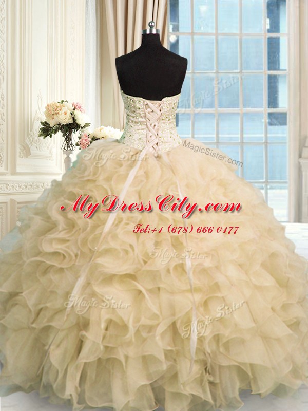 Beautiful Sweetheart Sleeveless Sweet 16 Dress Floor Length Beading and Ruffles Champagne Organza