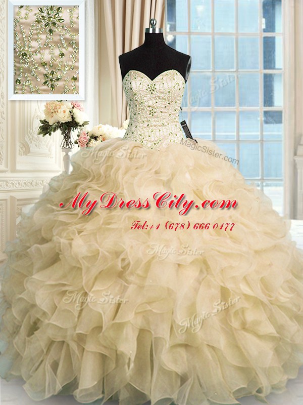 Beautiful Sweetheart Sleeveless Sweet 16 Dress Floor Length Beading and Ruffles Champagne Organza