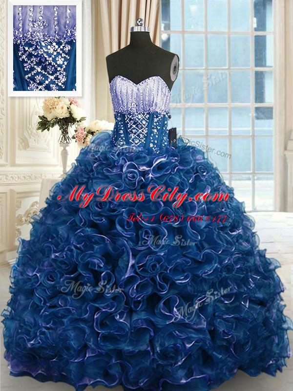 Navy Blue Lace Up Quinceanera Gowns Beading and Ruffles Sleeveless With Brush Train