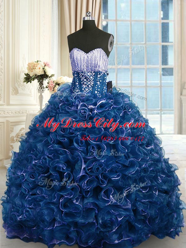 Navy Blue Lace Up Quinceanera Gowns Beading and Ruffles Sleeveless With Brush Train