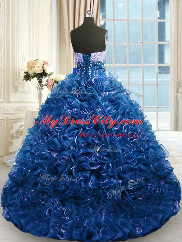 Navy Blue Lace Up Quinceanera Gowns Beading and Ruffles Sleeveless With Brush Train