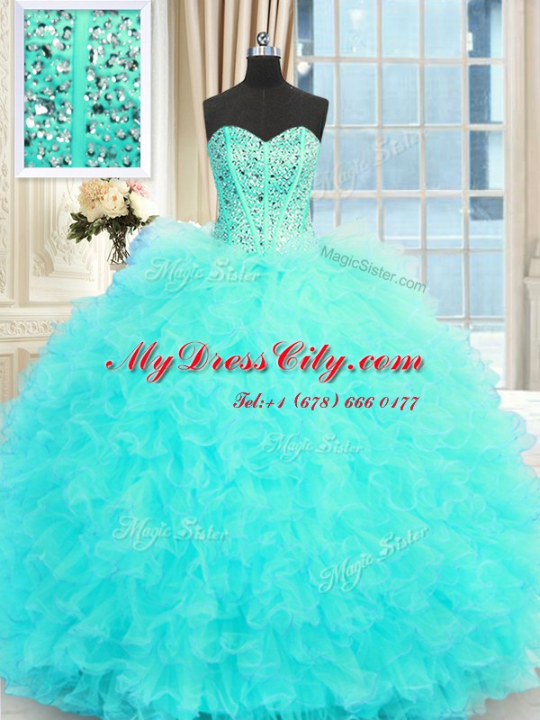 Sweetheart Sleeveless Tulle Quinceanera Dresses Beading and Ruffles Lace Up