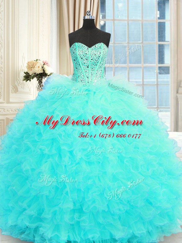 Sweetheart Sleeveless Tulle Quinceanera Dresses Beading and Ruffles Lace Up