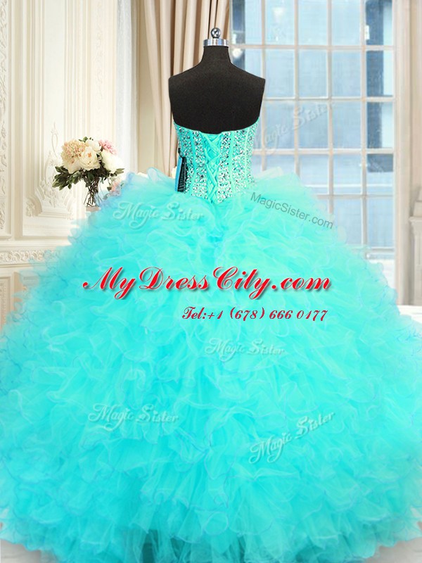 Sweetheart Sleeveless Tulle Quinceanera Dresses Beading and Ruffles Lace Up