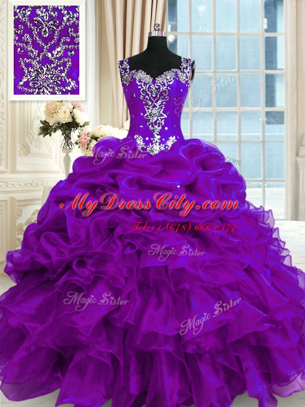 Beading and Ruffles and Pick Ups Ball Gown Prom Dress Purple Lace Up Sleeveless Floor Length