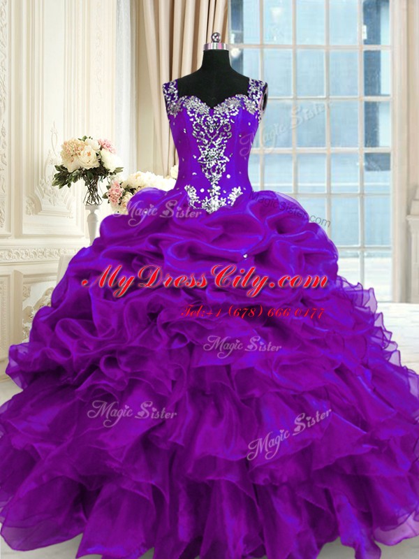 Beading and Ruffles and Pick Ups Ball Gown Prom Dress Purple Lace Up Sleeveless Floor Length