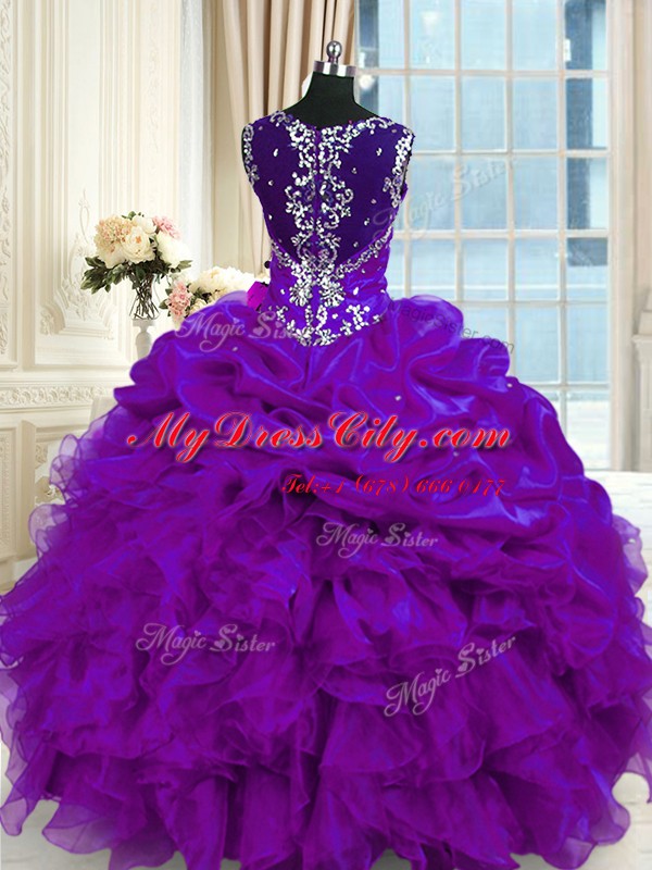 Beading and Ruffles and Pick Ups Ball Gown Prom Dress Purple Lace Up Sleeveless Floor Length