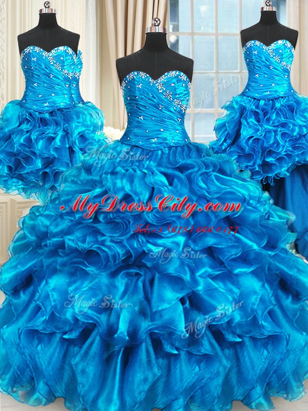 Four Piece Sleeveless Lace Up Floor Length Beading and Ruffles and Ruching 15 Quinceanera Dress