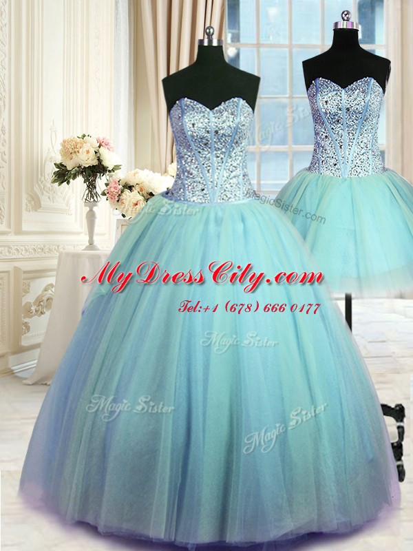 Delicate Three Piece Blue Tulle Lace Up Quinceanera Gowns Sleeveless Floor Length Beading