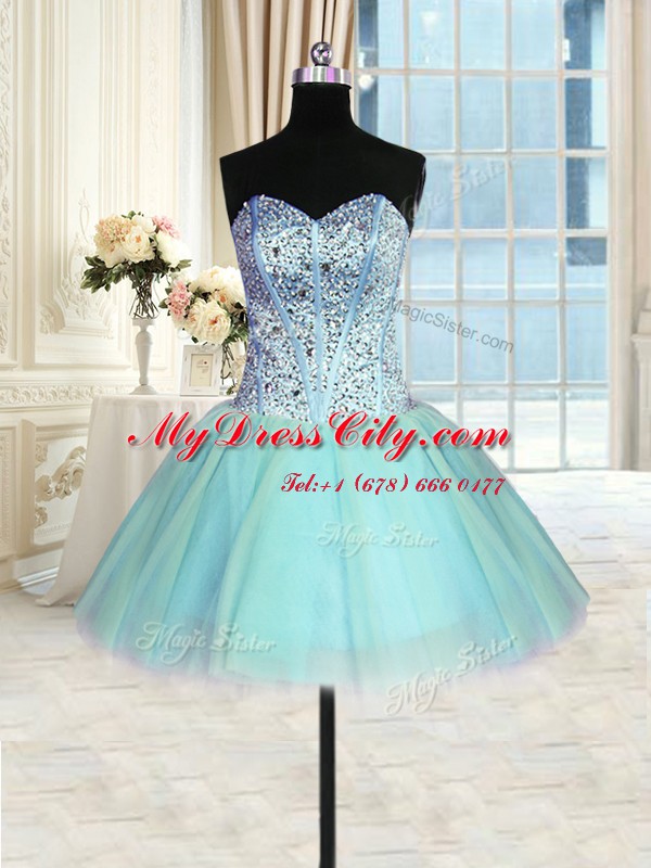 Delicate Three Piece Blue Tulle Lace Up Quinceanera Gowns Sleeveless Floor Length Beading