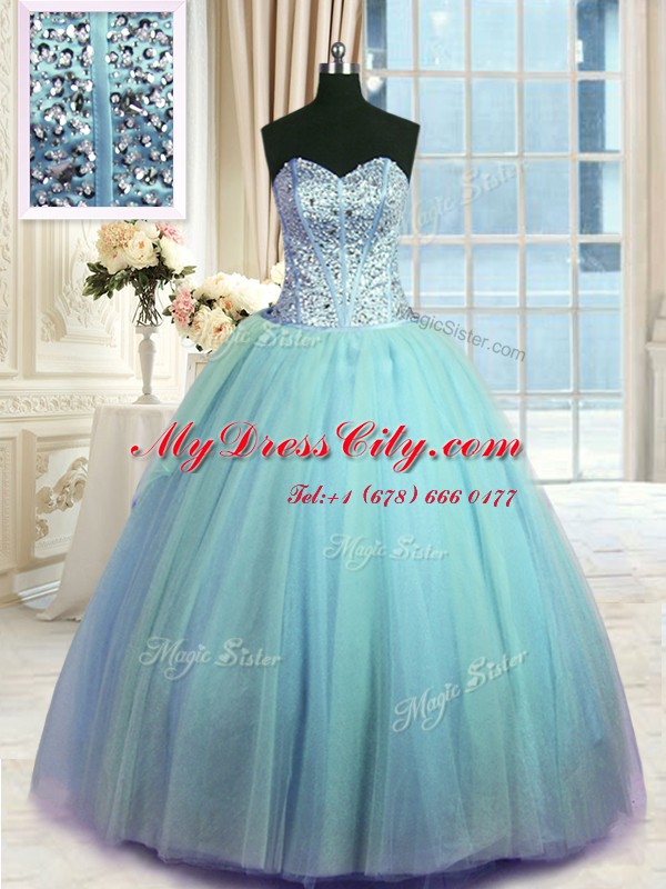 Delicate Three Piece Blue Tulle Lace Up Quinceanera Gowns Sleeveless Floor Length Beading