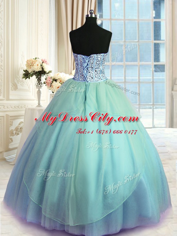 Delicate Three Piece Blue Tulle Lace Up Quinceanera Gowns Sleeveless Floor Length Beading