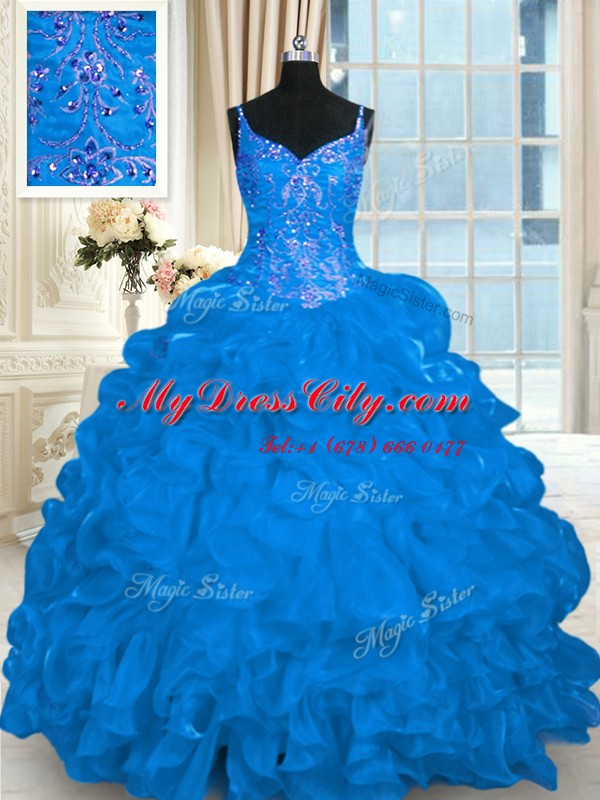 Noble Sleeveless Beading and Embroidery and Ruffles and Pick Ups Lace Up Quinceanera Dress with Blue Brush Train