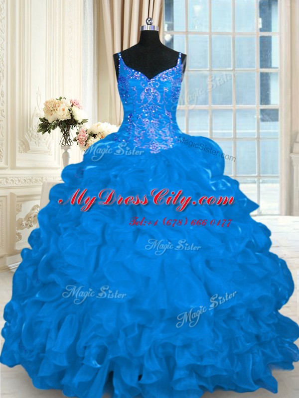 Noble Sleeveless Beading and Embroidery and Ruffles and Pick Ups Lace Up Quinceanera Dress with Blue Brush Train