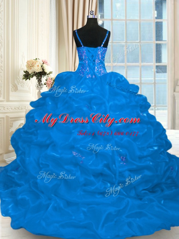 Noble Sleeveless Beading and Embroidery and Ruffles and Pick Ups Lace Up Quinceanera Dress with Blue Brush Train