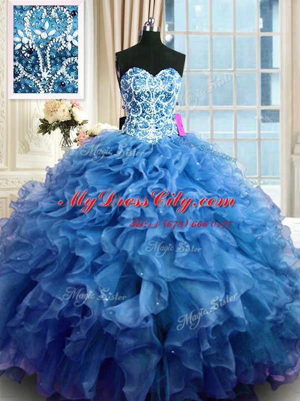 Ball Gowns Quinceanera Dresses Blue Sweetheart Organza Sleeveless Floor Length Lace Up