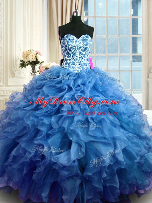 Ball Gowns Quinceanera Dresses Blue Sweetheart Organza Sleeveless Floor Length Lace Up