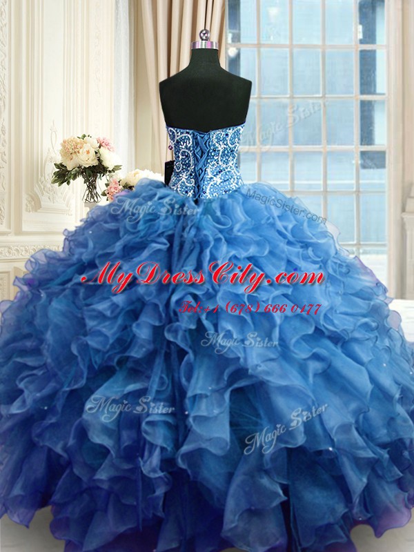 Ball Gowns Quinceanera Dresses Blue Sweetheart Organza Sleeveless Floor Length Lace Up