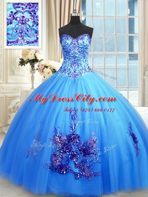 Suitable Blue Sleeveless Floor Length Beading and Appliques and Embroidery Lace Up Vestidos de Quinceanera