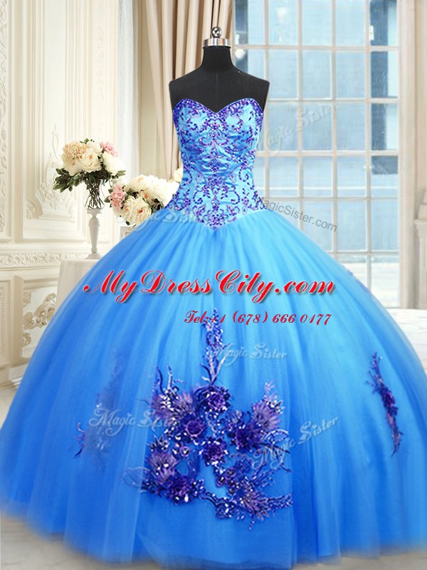 Suitable Blue Sleeveless Floor Length Beading and Appliques and Embroidery Lace Up Vestidos de Quinceanera