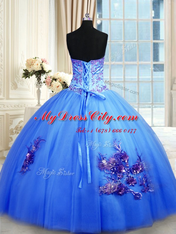 Suitable Blue Sleeveless Floor Length Beading and Appliques and Embroidery Lace Up Vestidos de Quinceanera