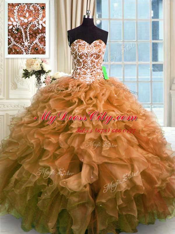 Brown Sweetheart Lace Up Beading and Ruffles 15 Quinceanera Dress Sleeveless