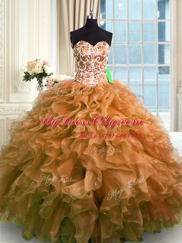 Brown Sweetheart Lace Up Beading and Ruffles 15 Quinceanera Dress Sleeveless