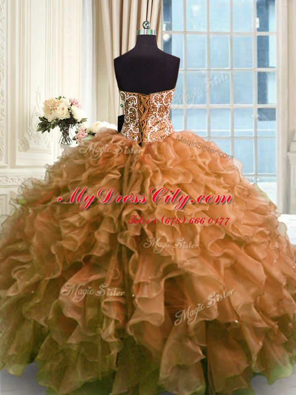 Brown Sweetheart Lace Up Beading and Ruffles 15 Quinceanera Dress Sleeveless