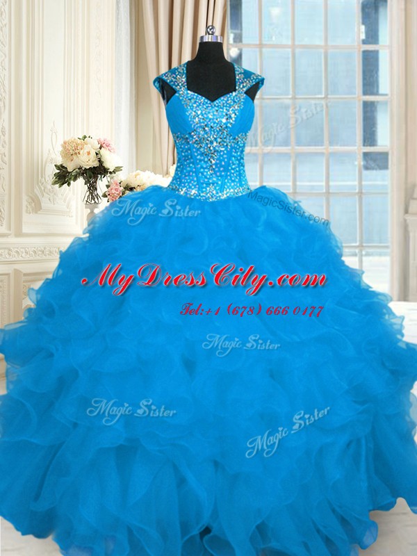 Organza Cap Sleeves Floor Length Sweet 16 Dress and Beading and Ruffles