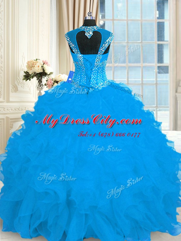 Organza Cap Sleeves Floor Length Sweet 16 Dress and Beading and Ruffles