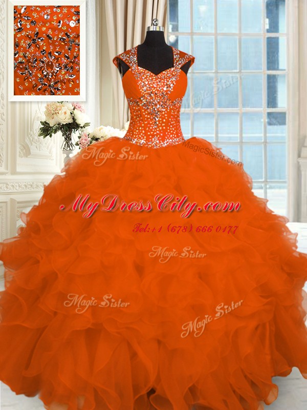 Custom Fit Floor Length Orange Red Sweet 16 Dresses Straps Cap Sleeves Lace Up