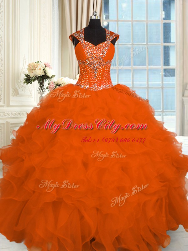 Custom Fit Floor Length Orange Red Sweet 16 Dresses Straps Cap Sleeves Lace Up