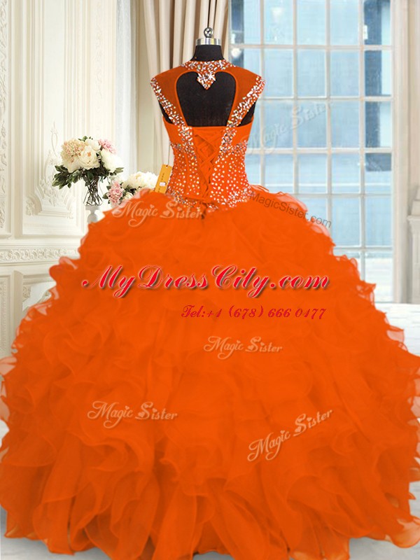 Custom Fit Floor Length Orange Red Sweet 16 Dresses Straps Cap Sleeves Lace Up