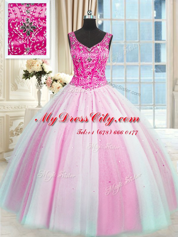 Excellent V-neck Sleeveless Sweet 16 Dresses Floor Length Beading Baby Pink and Pink And White Tulle