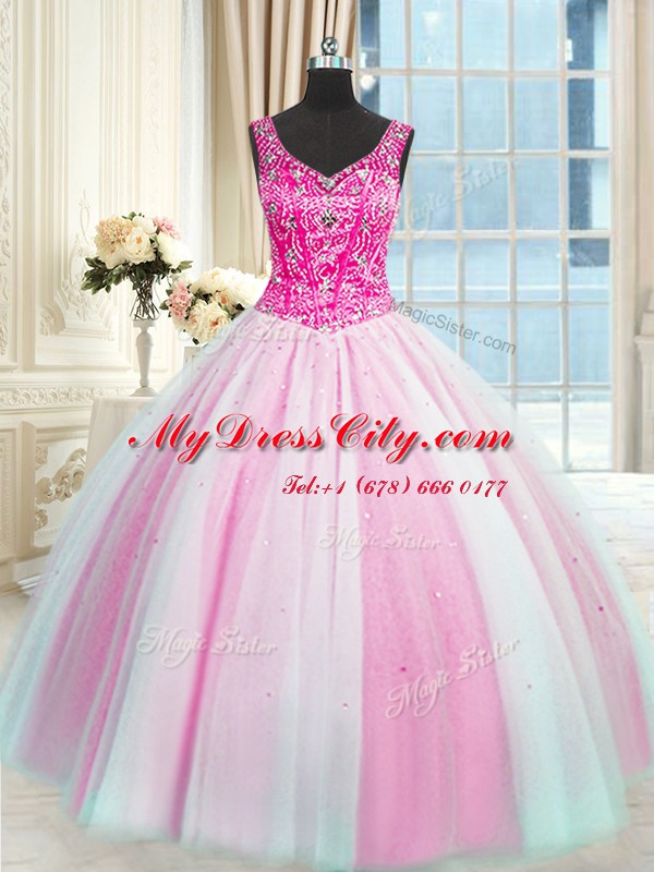 Excellent V-neck Sleeveless Sweet 16 Dresses Floor Length Beading Baby Pink and Pink And White Tulle