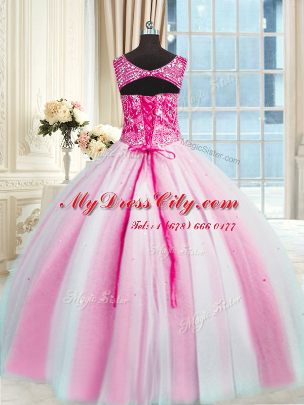 Excellent V-neck Sleeveless Sweet 16 Dresses Floor Length Beading Baby Pink and Pink And White Tulle