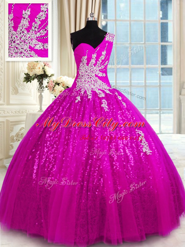 Sweet One Shoulder Floor Length Fuchsia Vestidos de Quinceanera Lace Sleeveless Appliques