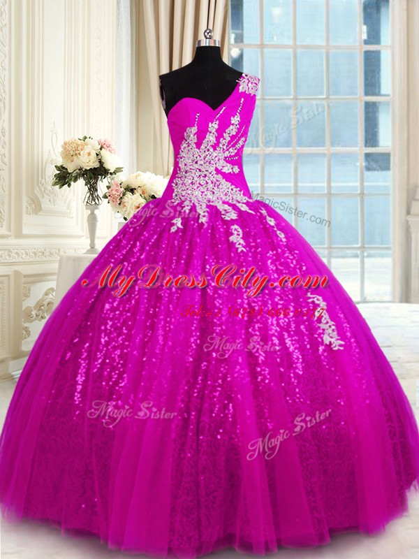 Sweet One Shoulder Floor Length Fuchsia Vestidos de Quinceanera Lace Sleeveless Appliques