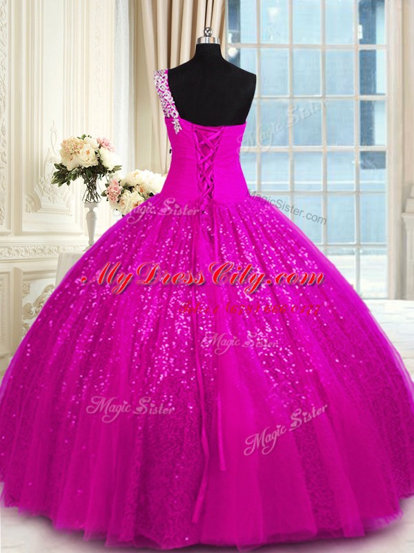 Sweet One Shoulder Floor Length Fuchsia Vestidos de Quinceanera Lace Sleeveless Appliques