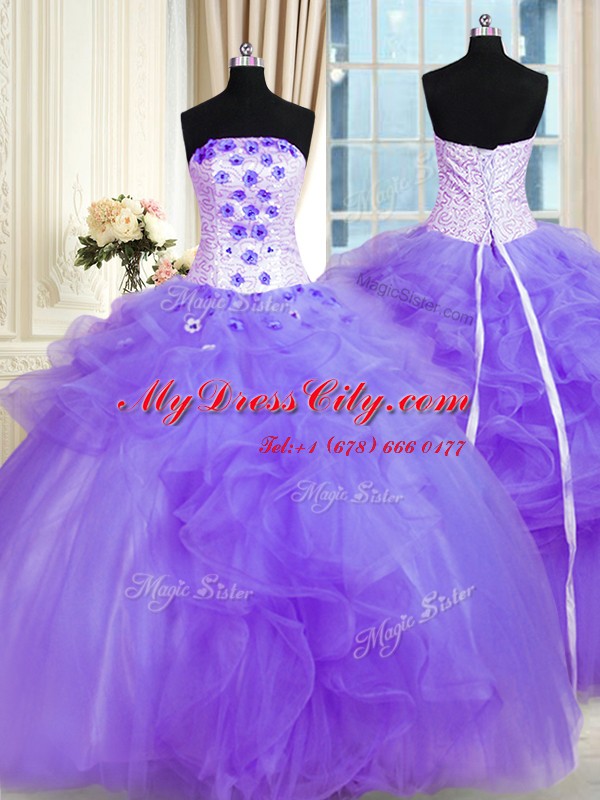 Hot Sale Pick Ups Lavender Sleeveless Tulle Lace Up 15 Quinceanera Dress for Military Ball and Sweet 16 and Quinceanera