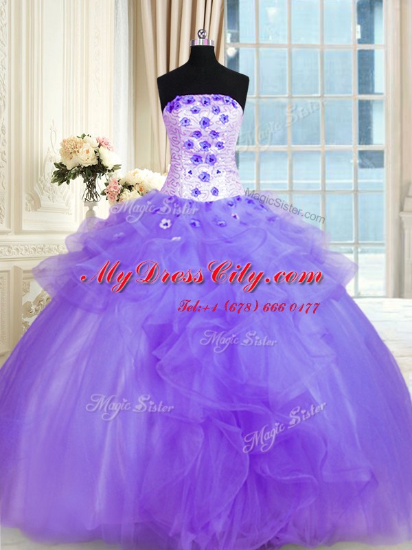 Hot Sale Pick Ups Lavender Sleeveless Tulle Lace Up 15 Quinceanera Dress for Military Ball and Sweet 16 and Quinceanera