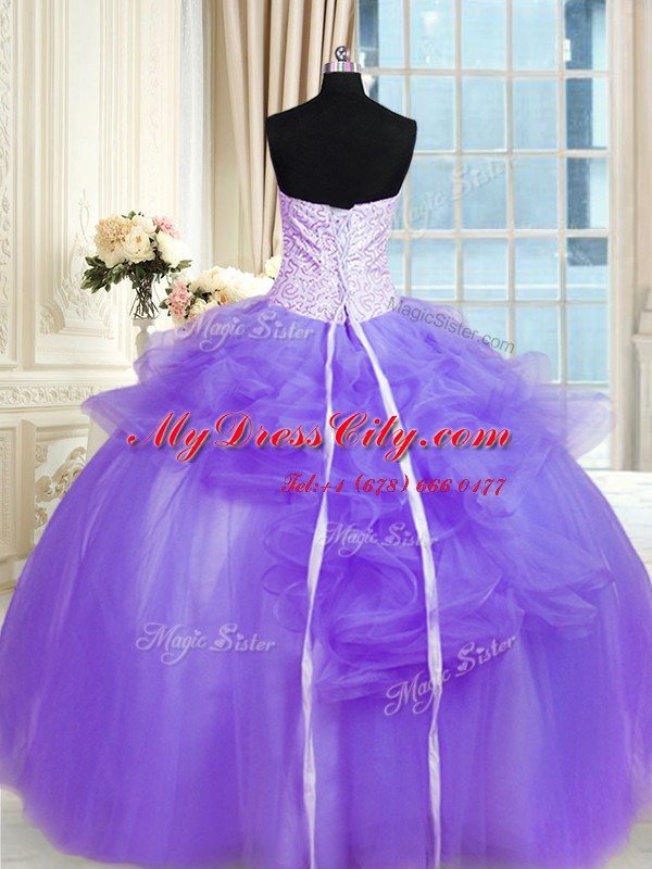 Hot Sale Pick Ups Lavender Sleeveless Tulle Lace Up 15 Quinceanera Dress for Military Ball and Sweet 16 and Quinceanera